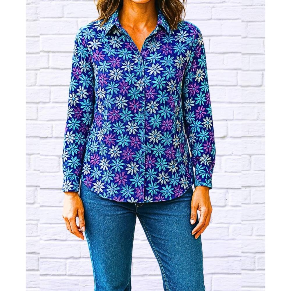 NEW DIVA USA daisy floral collared long sleeve shirt in blue